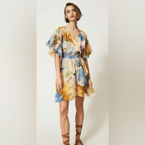 NWT TWINSET Actitude Hamal Cotton Muslin Wrap Style Watercolor Dress XS - Picture 3 of 16
